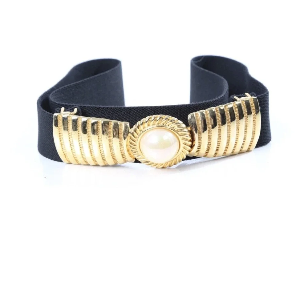 Vintage Gold Tone Wide Stretch Belt Faux Pearl‎ Buckle Black Elastic 1980's